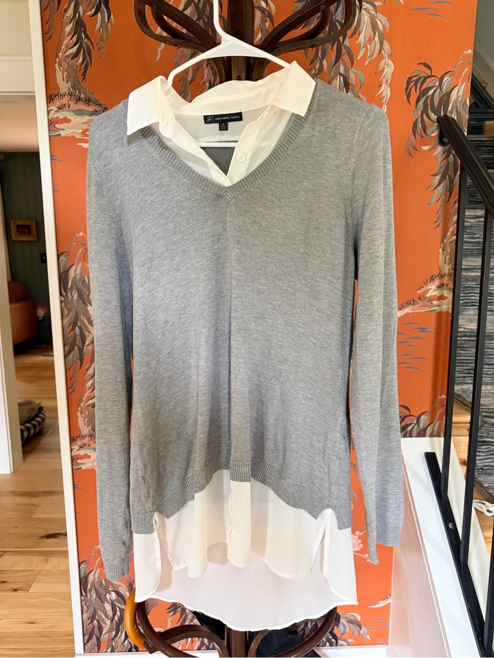 Layered-Look Gray V-Neck Sweater with White Shirt Hem